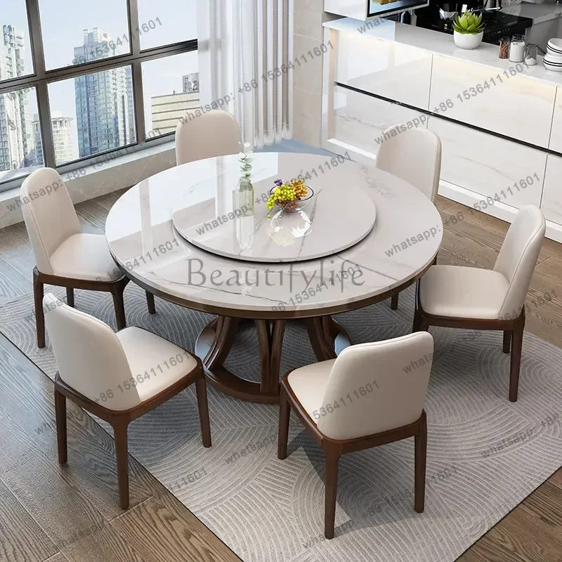Modern Luxury Rock Slab Round Dining Table Chair Set Home Dining Table With Turntable Kitchen Restaurant Living Room Furniture