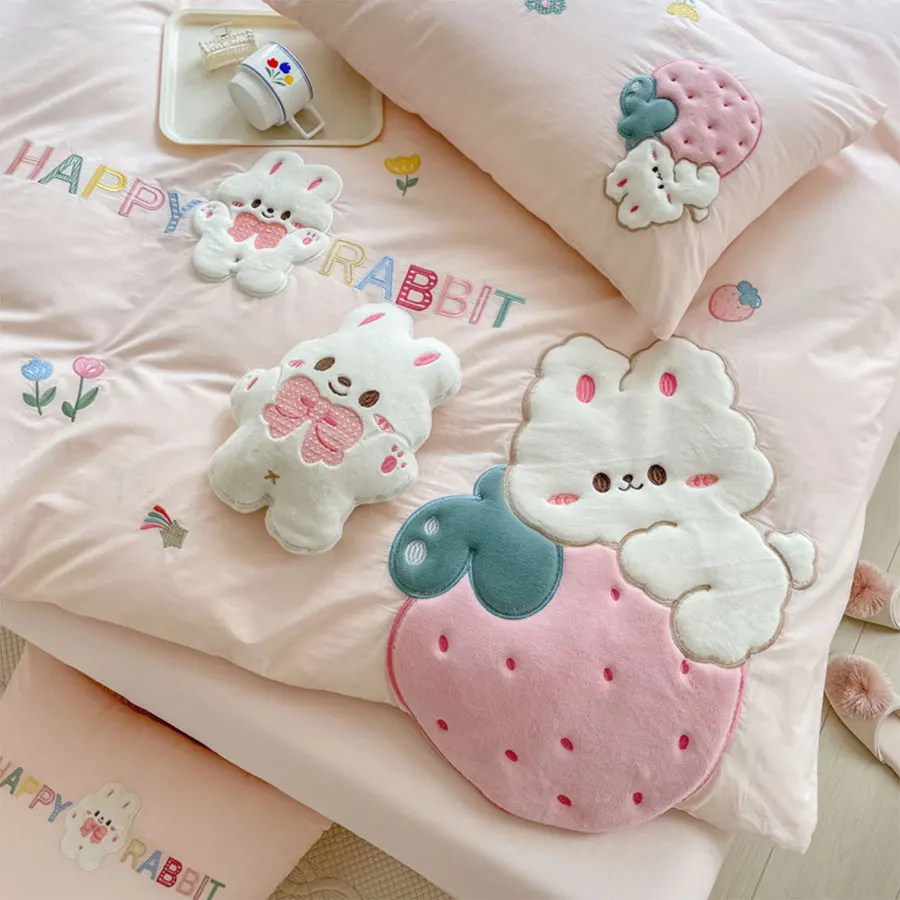 Cute sweet rabbit strawberry pink bedding set,lovely twin full queen king cotton home textile flat sheet pillow case quilt cover