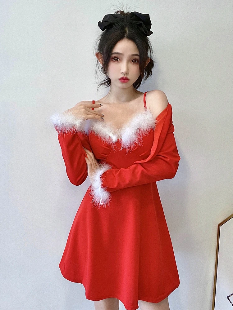 

Sweet Style Long Sleeve Furry A-Line Dress And Jacket Two-Piece Set for Young Women Spring Fashion Outerwear Ensemble