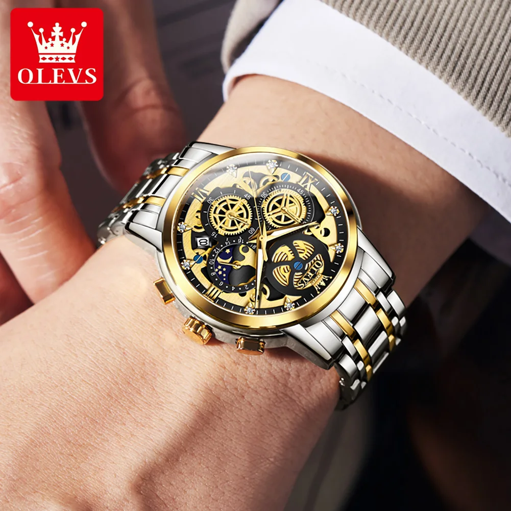 OLEVS Men\'s Quartz Watch Skeleton Stainless steel Waterproof Luxury Business Luminous Gold Watch Quartz Men\'s Watch Reloj Hombre