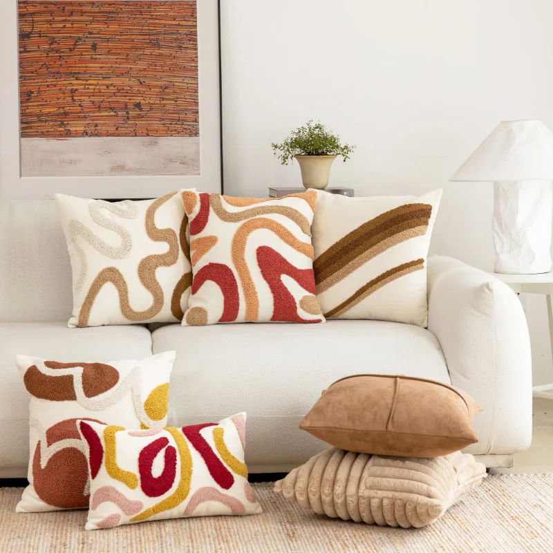 Vintage Contrast Geometric Tufted Throw Pillow Cover Plush Patchwork Pillowcase Atmospheric Sofa Decoration Cushion Cover 45x45