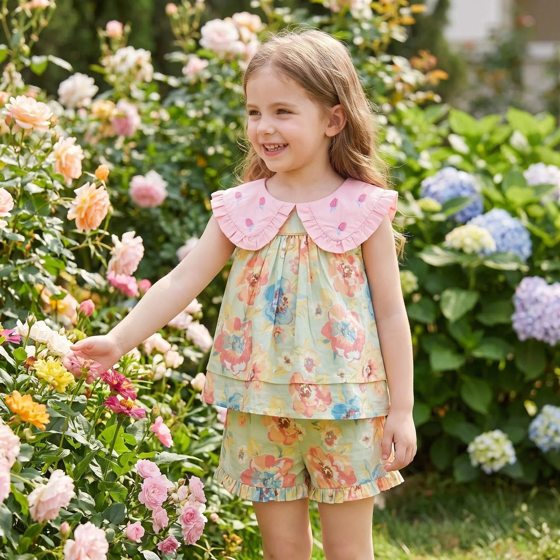 In stock and ready to ship! Children's 2026 Summer BA Girl's Country Style Embroidered Flower Lapel Top Two-Piece