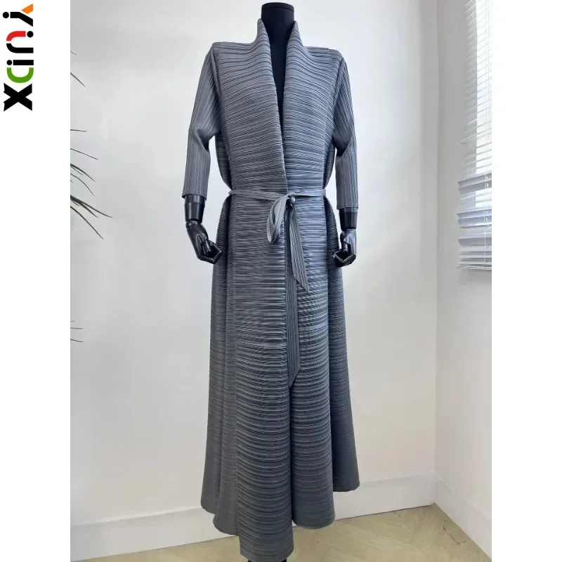 

YUDX Miyake Pleated Long Coat Long Cardigan Windbreaker Coat Solid Loose Large Lapel with Belt Women Coat Robe 2023 Autumn New