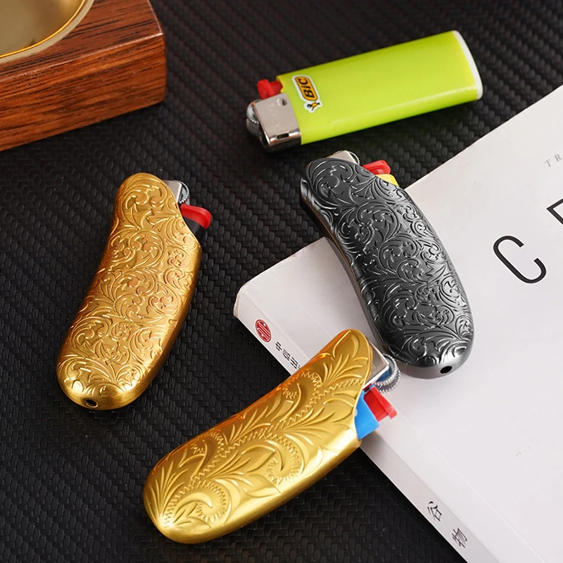 Banana Shaped Metal Case for BIC lighter mini J5 Golden Pattern Gas Lighter Decorative Shell