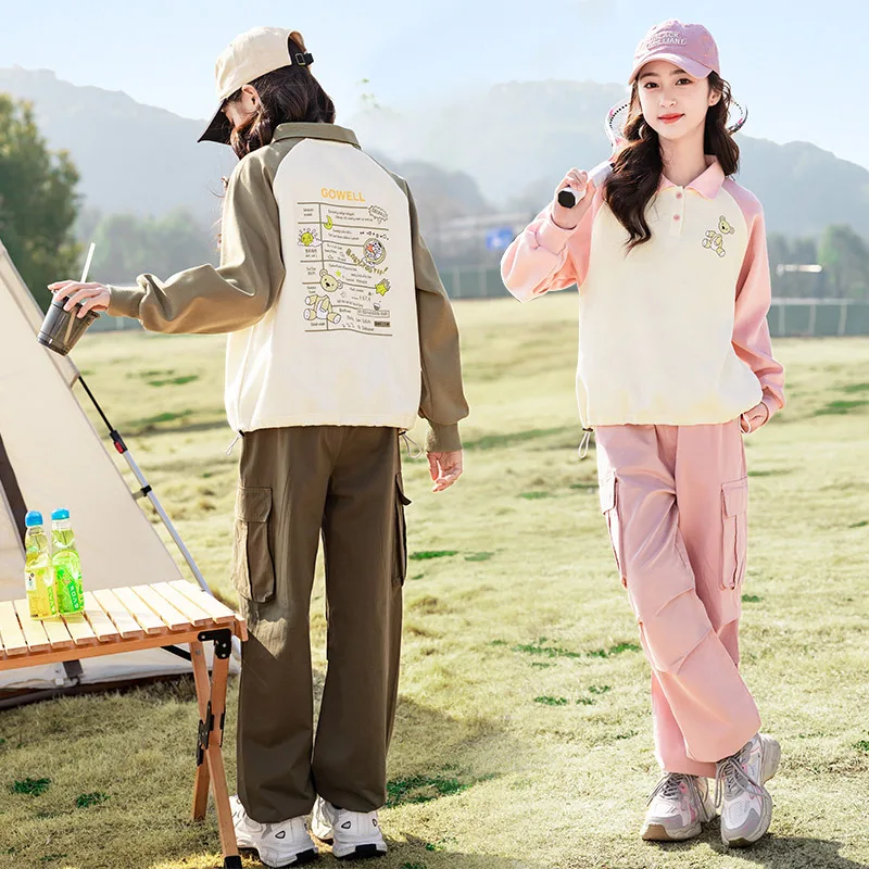 2024 New Girls Casual Sweatshirt Cargo Pants Two Piece Set Korean Fashion Solid Patchwork Sports Children Sets Over 8 Years Old - Image 3