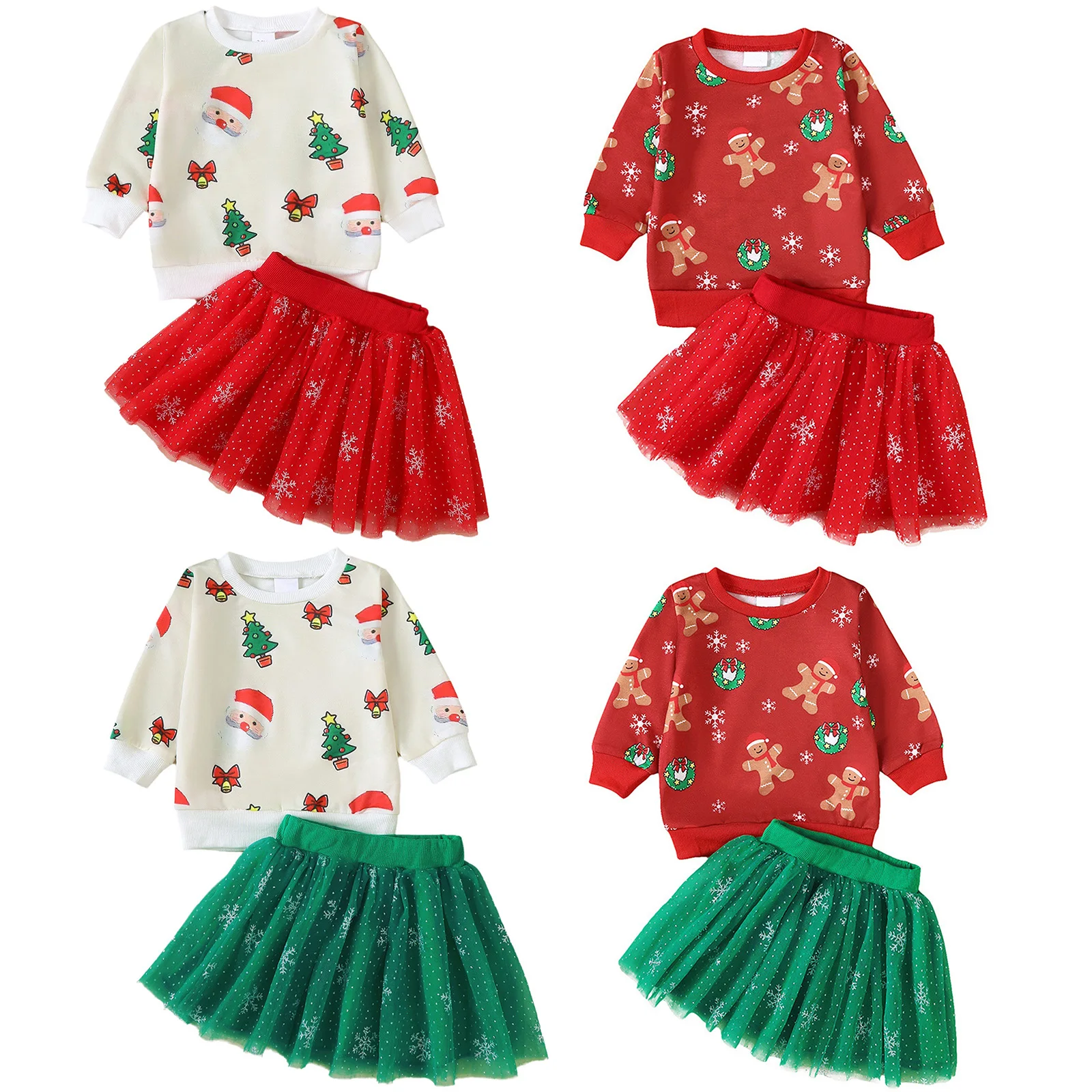 아기 소녀 크리스마스 옷 크리스마스 요소 인쇄 긴 소매 셔츠 풀오버 탑 프릴 메쉬 스커트 어린이 신년 파티 복장