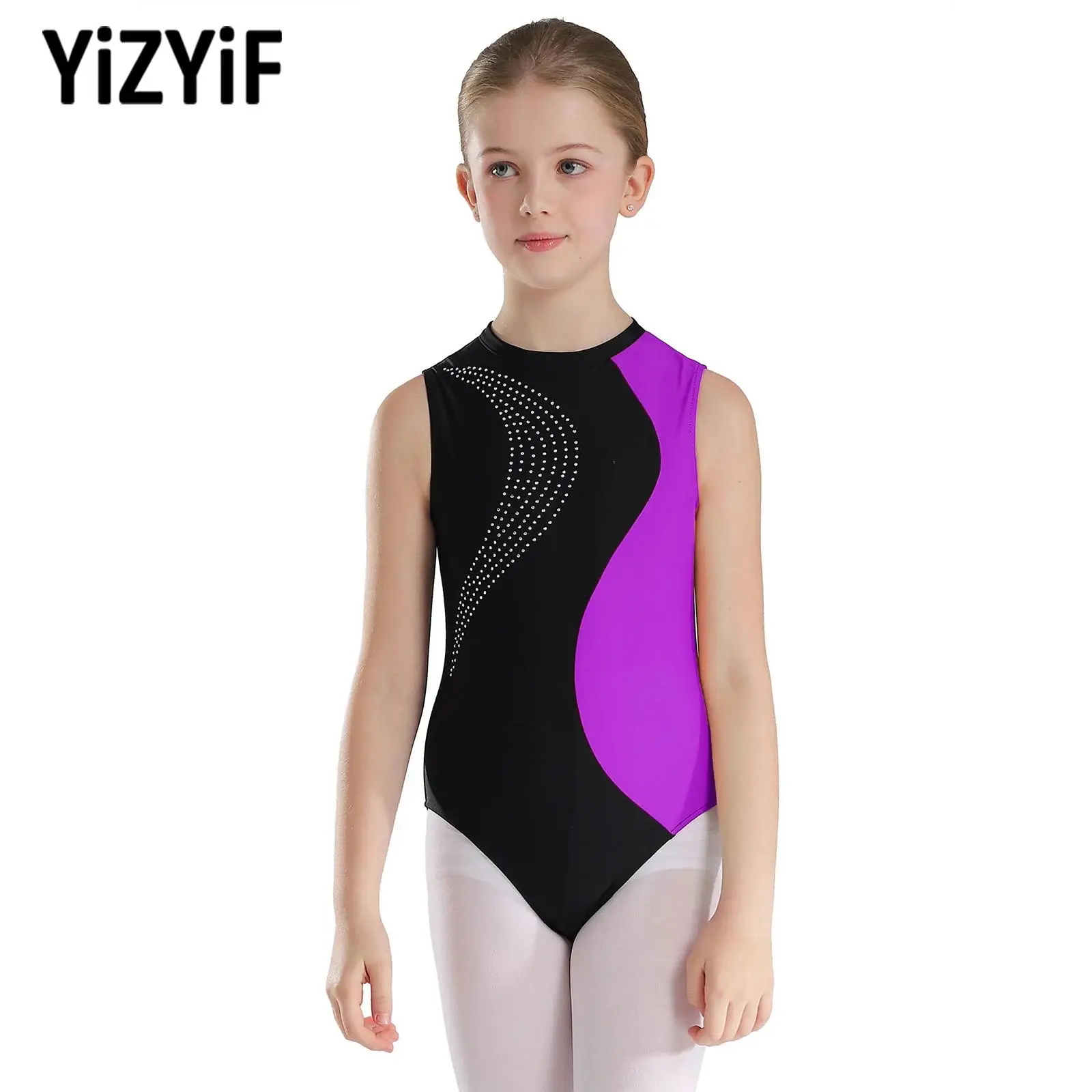 

Kids Girls Patchwork Gymnastics Leotard Children Sleeveless Skating Bodysuit Teens Performance Figure Skating Gymnastic Jumpsuit