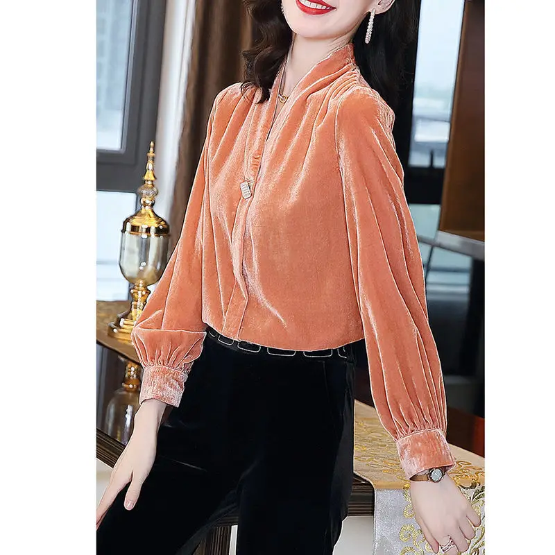 Elegant V-Neck Solid Color Lantern Sleeve Blouse Women Clothing 2022 Autumn New Oversized Loose Casual Pullovers Commute Shirt