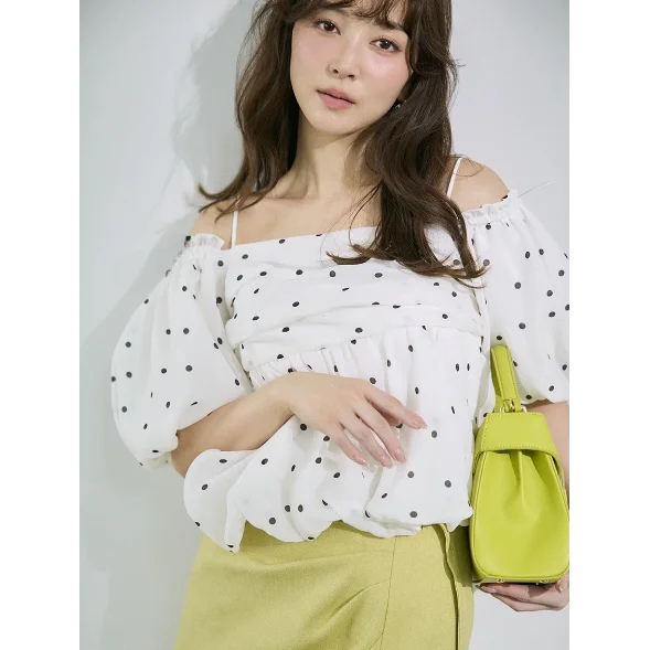

New Fashionable Two-Way Wear Polka Dot Bubble Sleeve Shoulder Bared Shirt Top Japanese Style Loose Fit Short Sleeve Women's B...