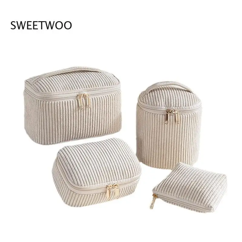 Waffle & Corduroy Cosmetic Bag Set, Textured Fabric Makeup Organizer with Zipper