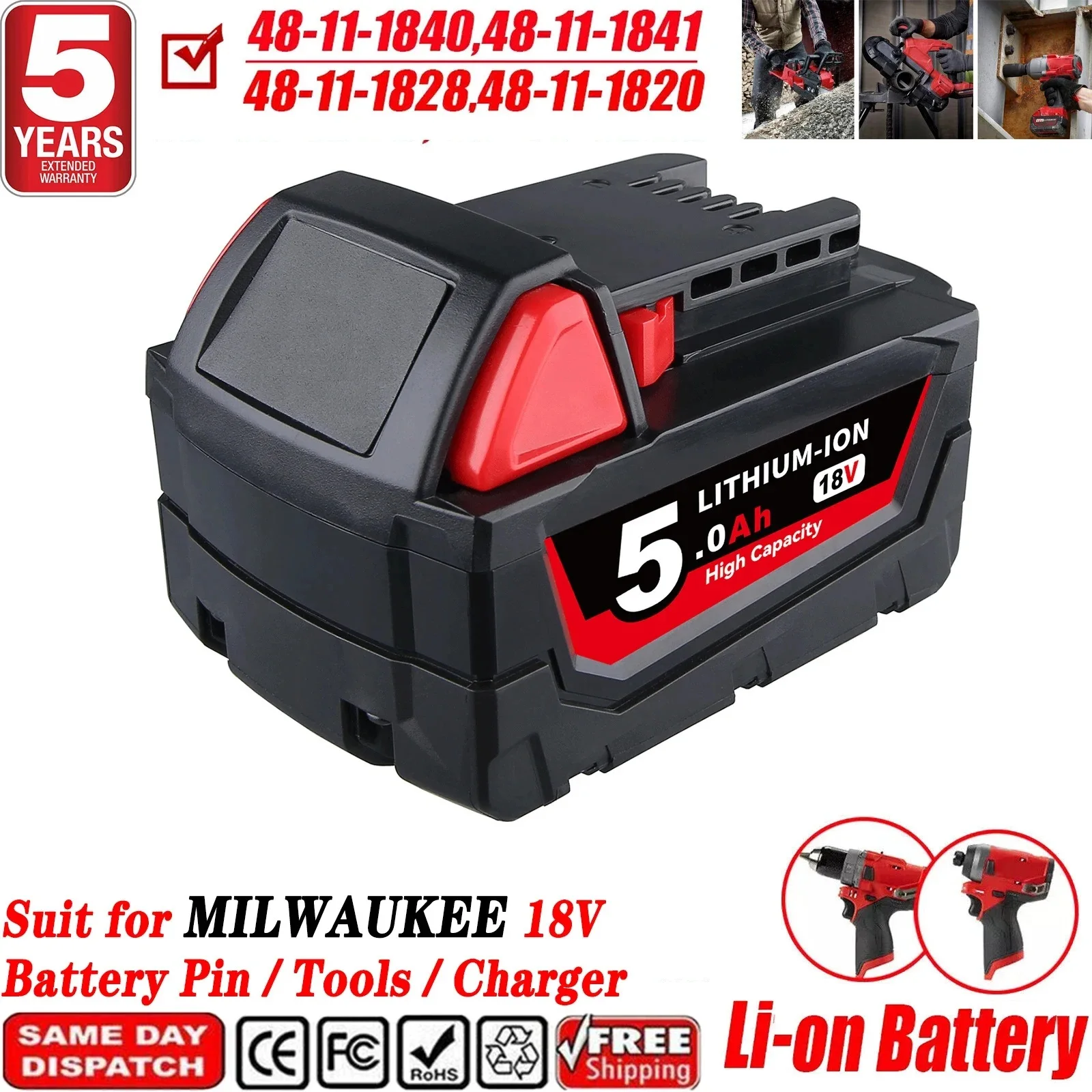 

1/2/4Pcs M18 5.0Ah Replace for Milwaukee 18v Li-on Battery Pin 48-11-1880 Cordless Tool 2646-22CT,2643-21CT,2641-21CT,2646-21CT