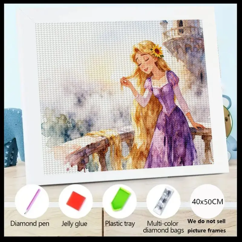 

1PC 5D DIY Diamond Painting Kit, Full Drill Fairy Tale Princess Rapunzel Inspired Art, Long Blonde Hair Girl on Balcony Scene wi