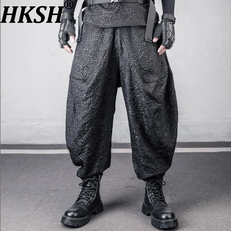 

HKSH Spring Summer Autumn New Men Tide Yamamoto Dark Loose Oversized Rose Jacquard Harem Cropped Pants Lantern Punk Chic HK20927
