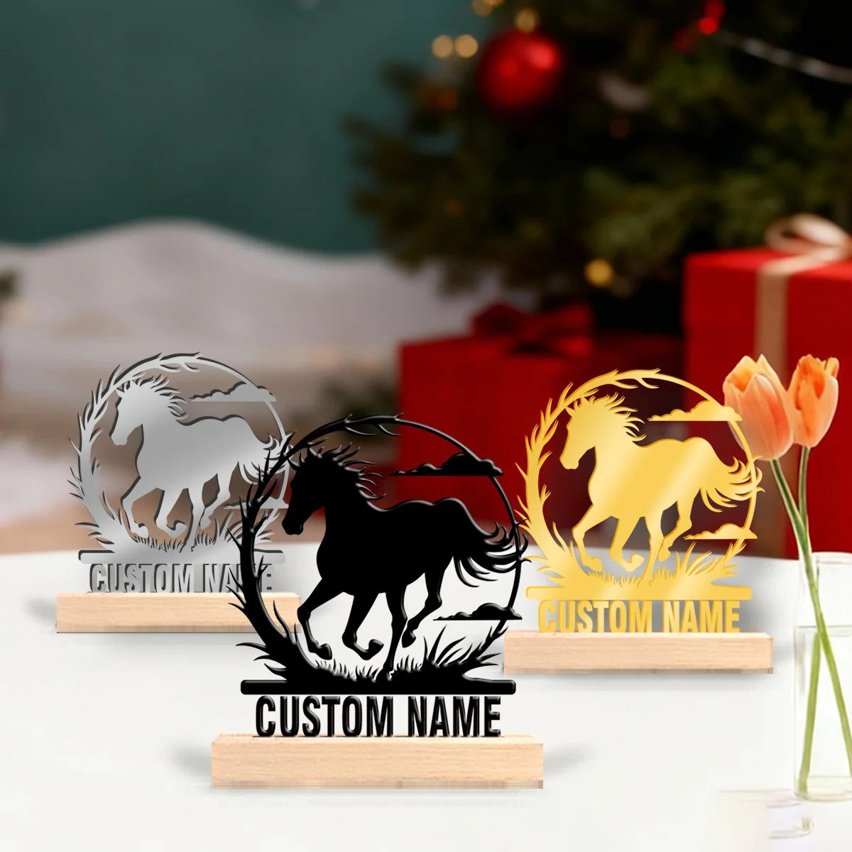 1pc Metal Desktop Decoration Custom Content With Wooden Base Art Decoration, Desktop Decoration