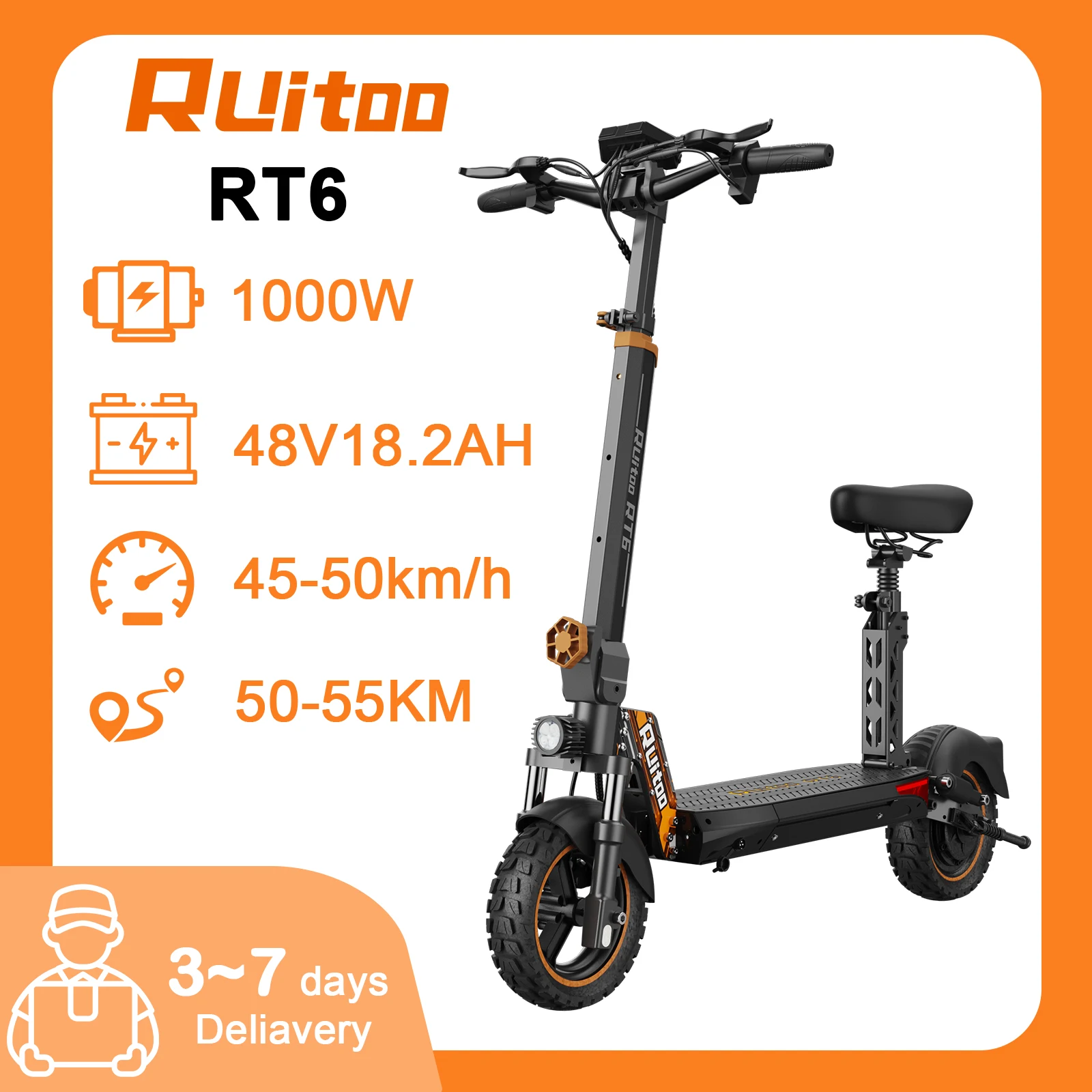 

Ruitoo RT6 electric scooter, 1000W power motor, up to 50km/h, Large capacity Lithium battery, Maximum range of 55km