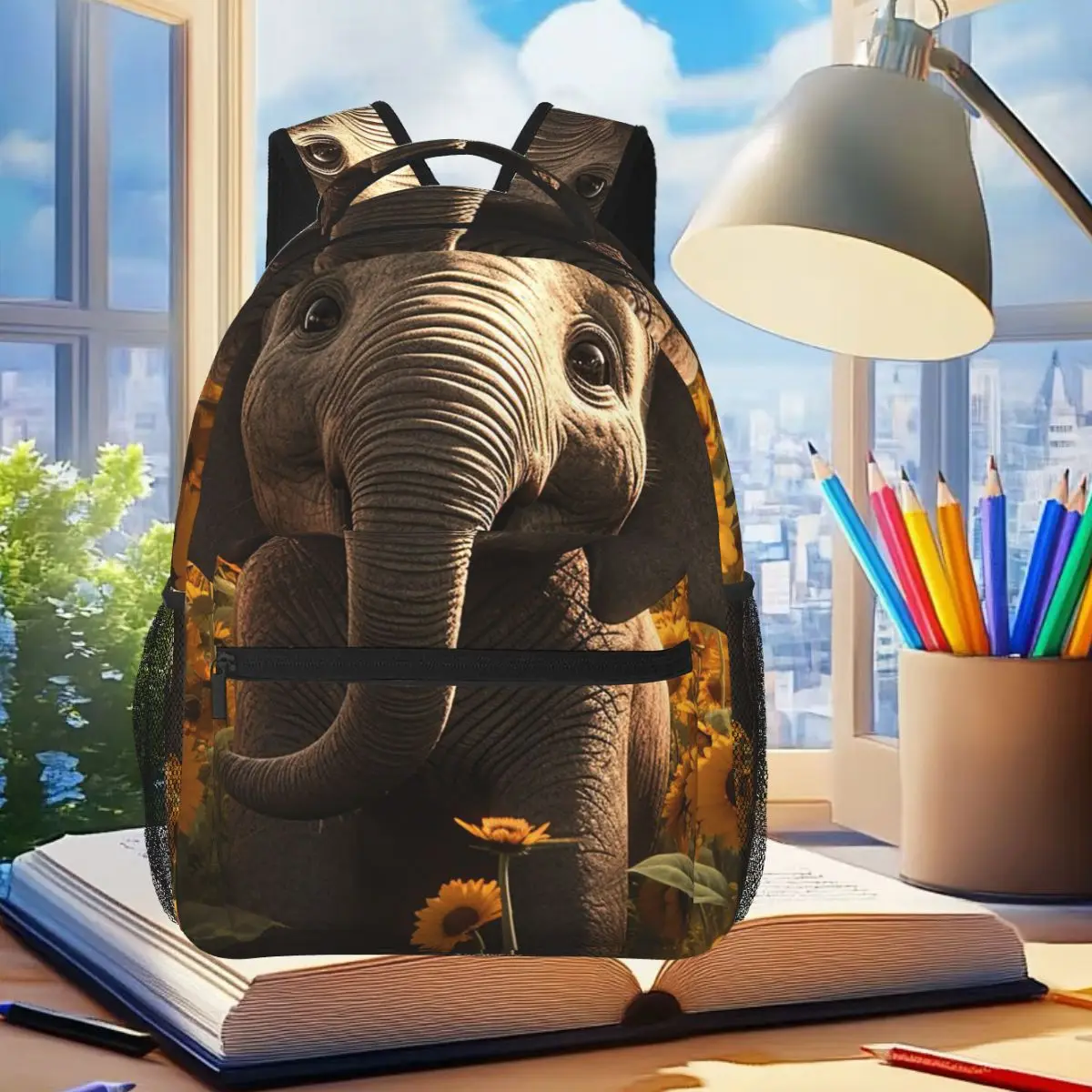 

Cartoon Elephant And Sunflower Backpack Student Boys Girls BookBag Children School Bag Laptop Shoulder Bags for Men Women