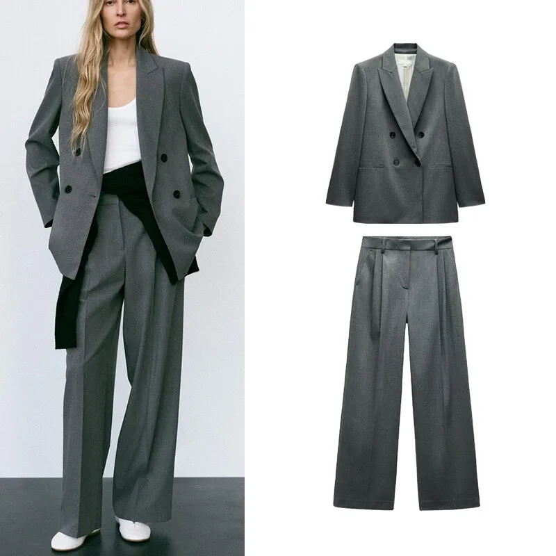 Women's Double-breasted Long Sleeve Suit Jacket with Shoulder Pads High Waist Wide Leg Pants Two-piece Set Casual Style Polye...