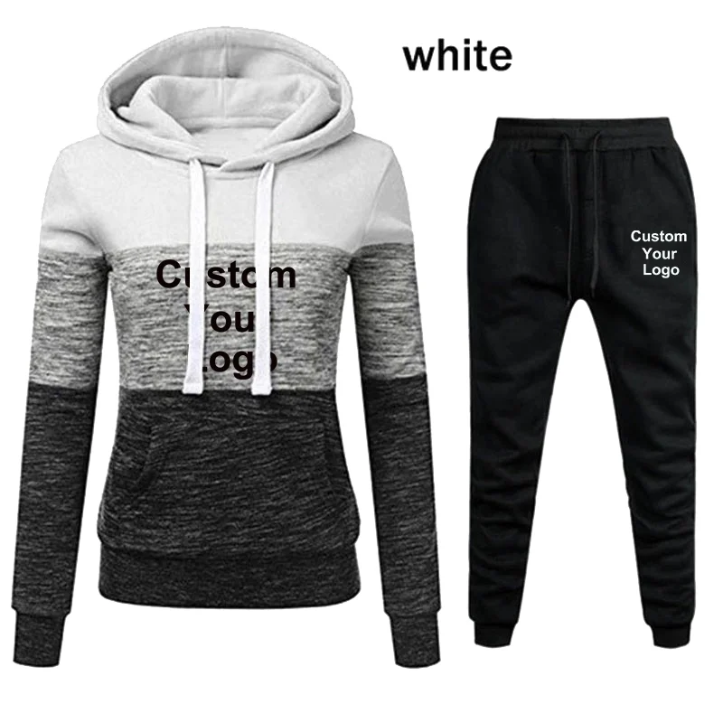 Trendy Custom Your Logo Women Casual Three-color Stitching Sweatsuit Pullover Sweatshirt Pants Two-piece Set