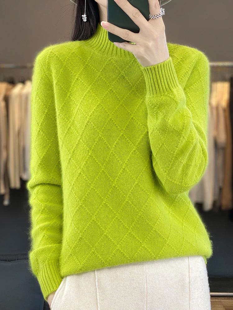 Long Sleeve Autumn Winter Sweater Mock Neck Solid Pullover 100% Merino Wool Grace Basic Cashmere Knitwear Korean Fashion Tops