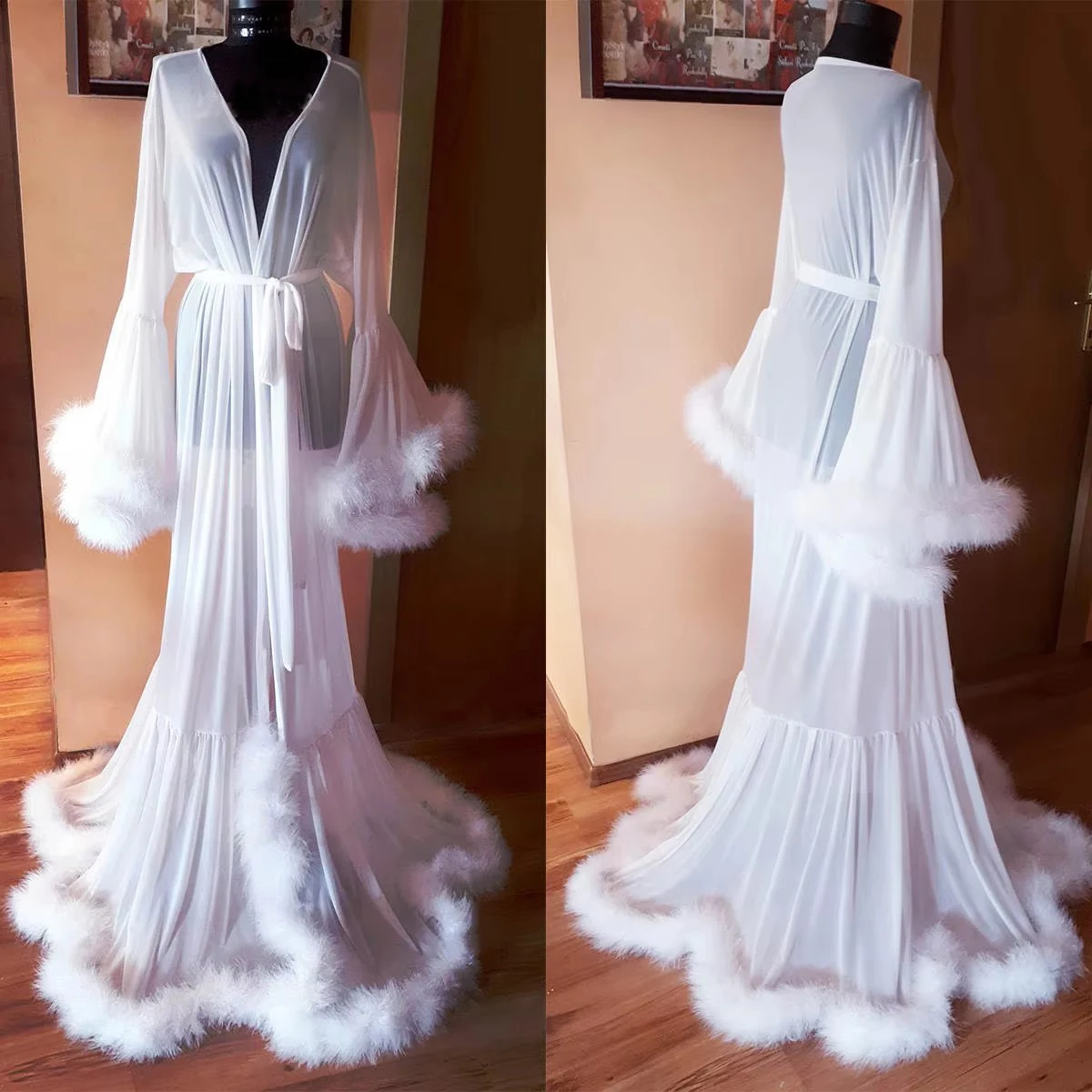 Feather Edge Wedding Robe Maternity Dress Pregnant Women Photography Gown Fur Evening Prom Slip jacket Customized