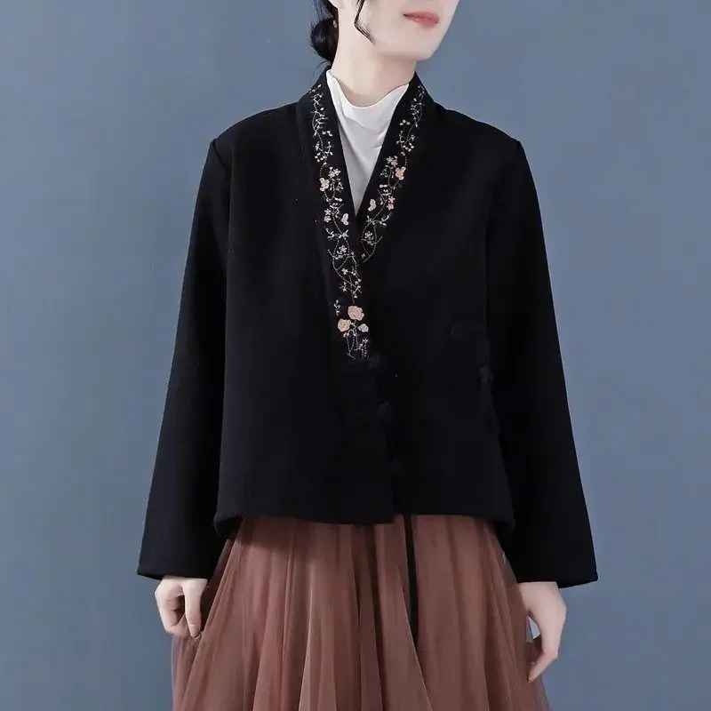 

Осень/зима, новая двусторонняя вышивка в этническом стиле, свободная короткая куртка, кардиган, топ без рукавов на пуговицах, женская рубашка с v-образным вырезом