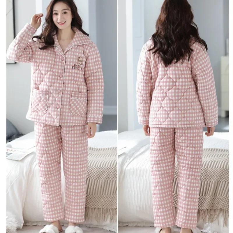 2023 New Women's Winter Thick Loungewear Warm Homewear Three-Layer Jacket  Cotton Pajamas Turn-down Collar Home Wear Set