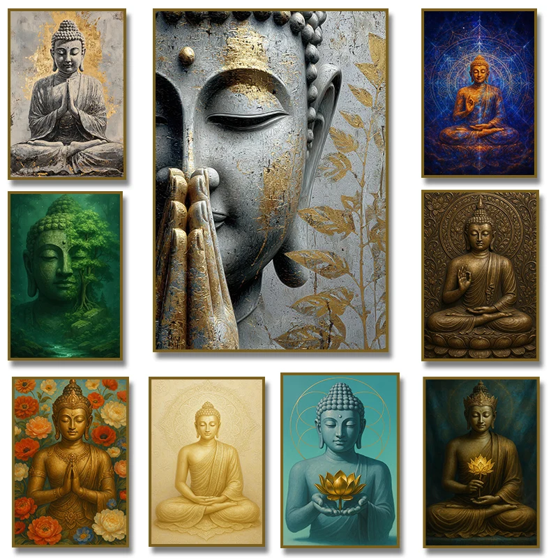 (No frame)Golden Buddha Forest Tree Merging Lotus Canvas Painting Print Spiritual Zen Poster for Living Room Home Decoration