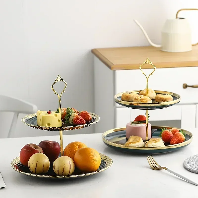 Snack Tray Organizer Biscuit Candy Rack Display Stand Green Double-layer Fruit Plate Ceramic Cabinet Decoration