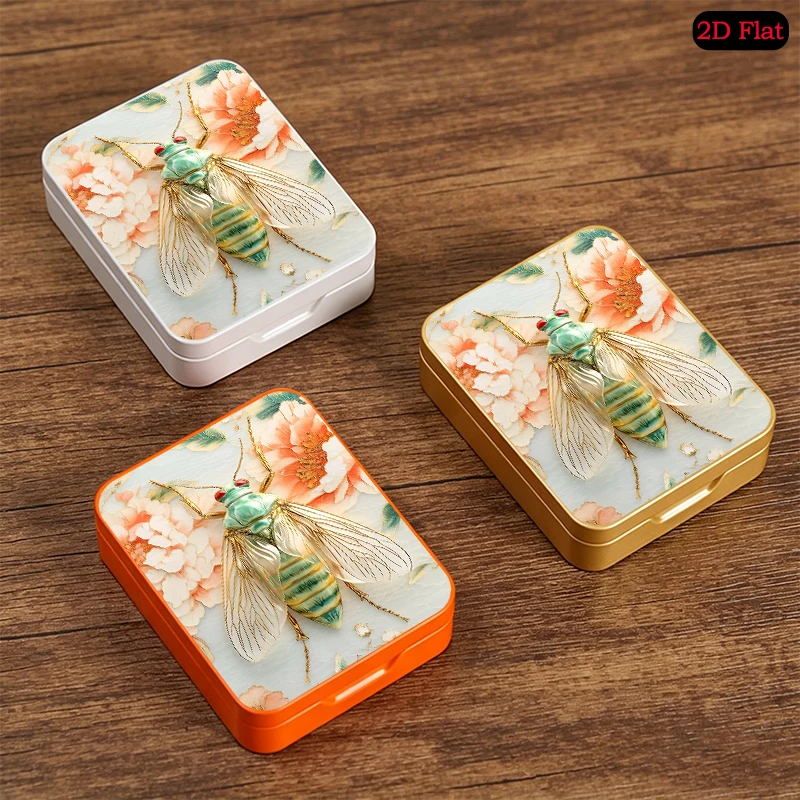 Cicada with Floral Wings Theme Desktop Organizer Flip Top Tin Box, UV Printed Portable Custom Photo Metal Tin Box