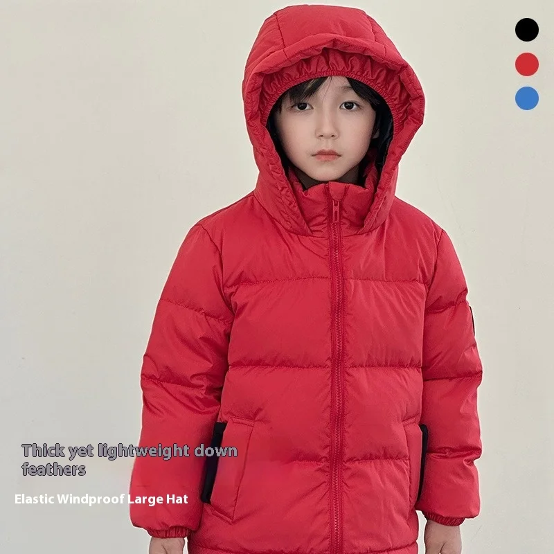 

2025 Autumn Winter Boys Girls Children Children Thickened Warm Hooded Solid Colour Short Down Jacket Jacket 100-140CM