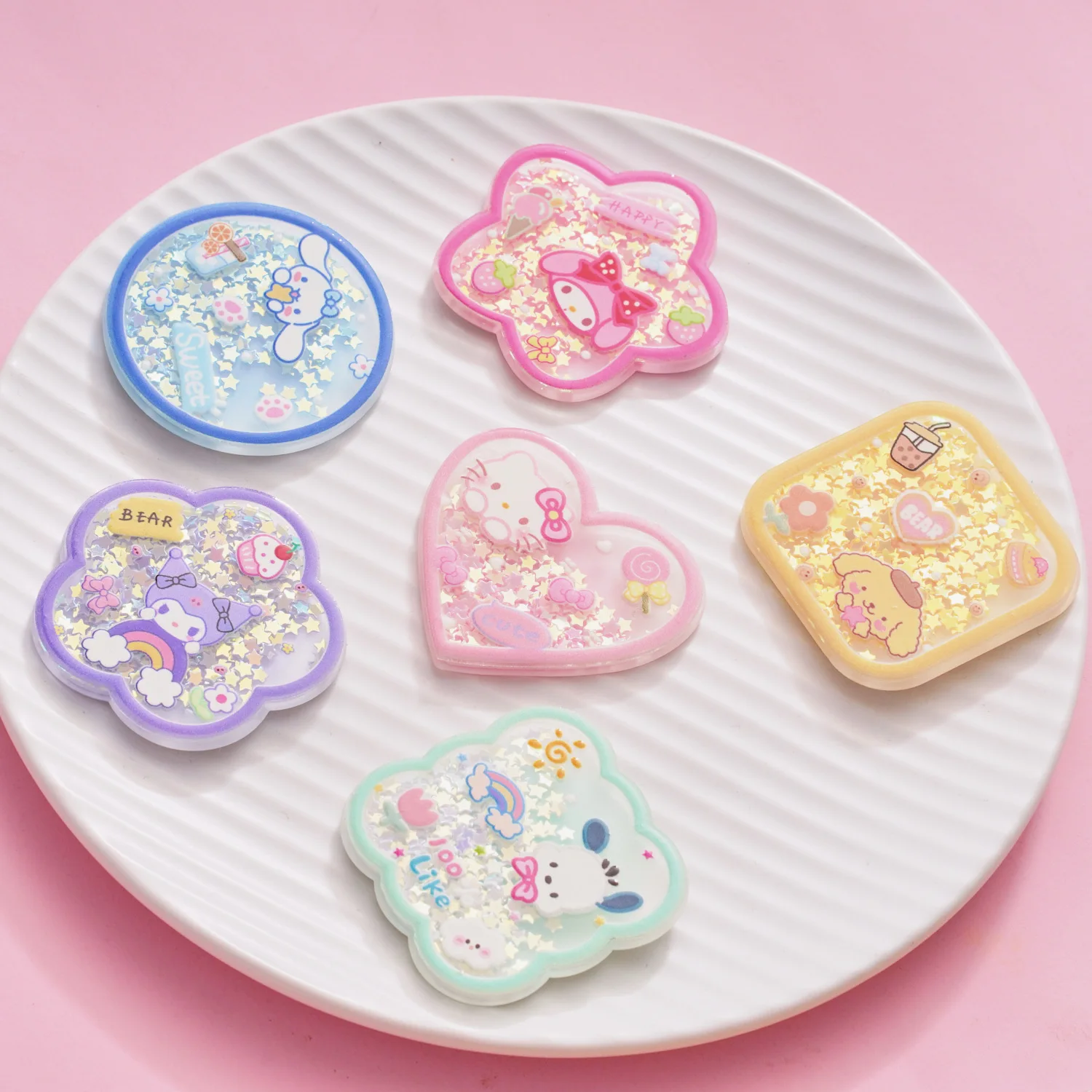 Cartoon Sanrio Hellokitty Flowing Sand Acrylic Accessories Shaking Plate Phone Chain Kawaii Kuromi My Melody Kids Gifts Toys