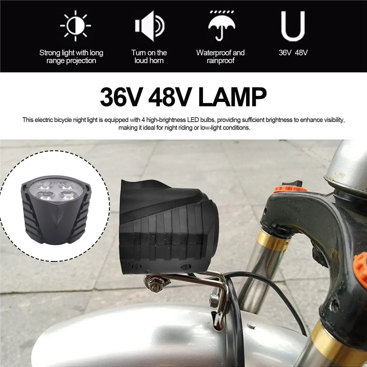 HowAA87 Ebike LED Headlight Accessories 36V 48V Lamp 3pin Built-in Horn Front Light 4 LED Bulbs for Electric Scooters Bicycles