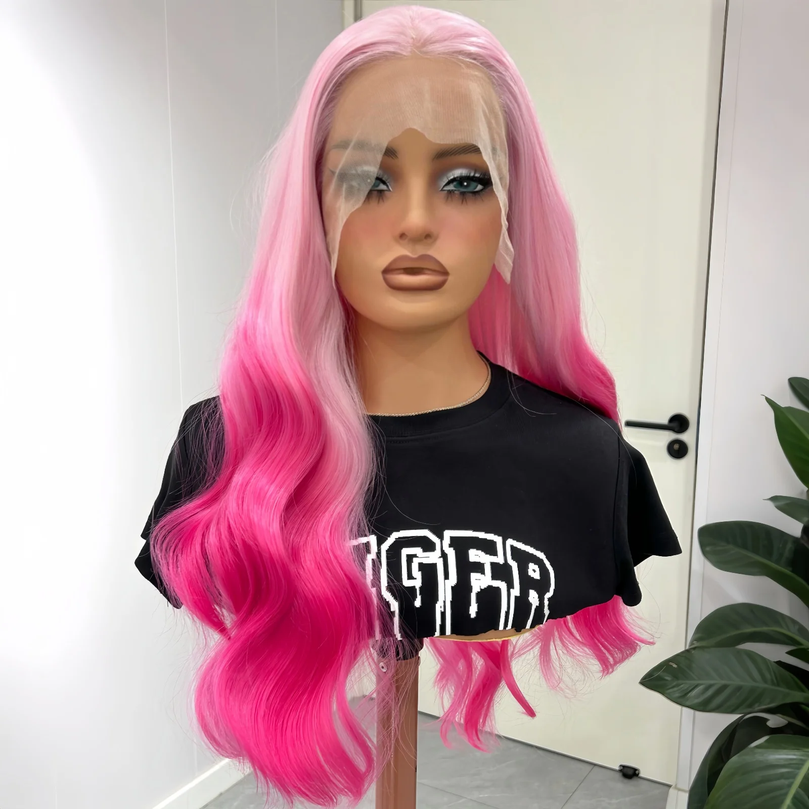 

Long Wavy Ombre Pink Syntheitc Lace Front Wigs for Women Middle Part 13X4 Body Wave Light Pink Roots Pre Plucked Glueless Hair