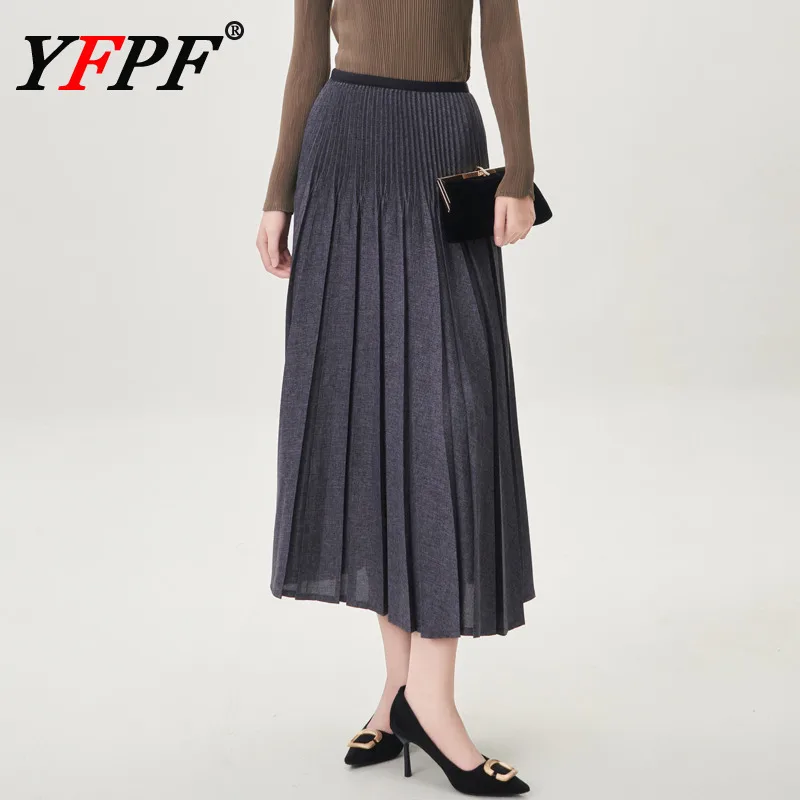 

YFPF Elegant Pleated Skirt Women Autumn Winter New High Waist Solid Color A Line Fashion Skirts 2025 Clothing