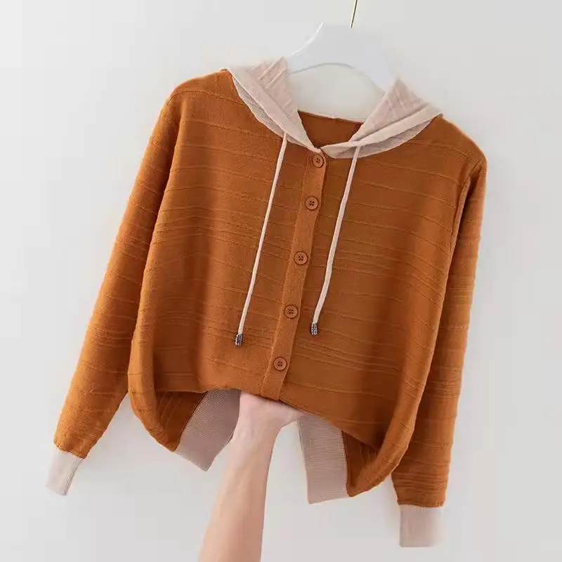 Hooded Knitted Cardigan for Women Loose and Stylish Thin with a Hat Short Sweater Jacket Top