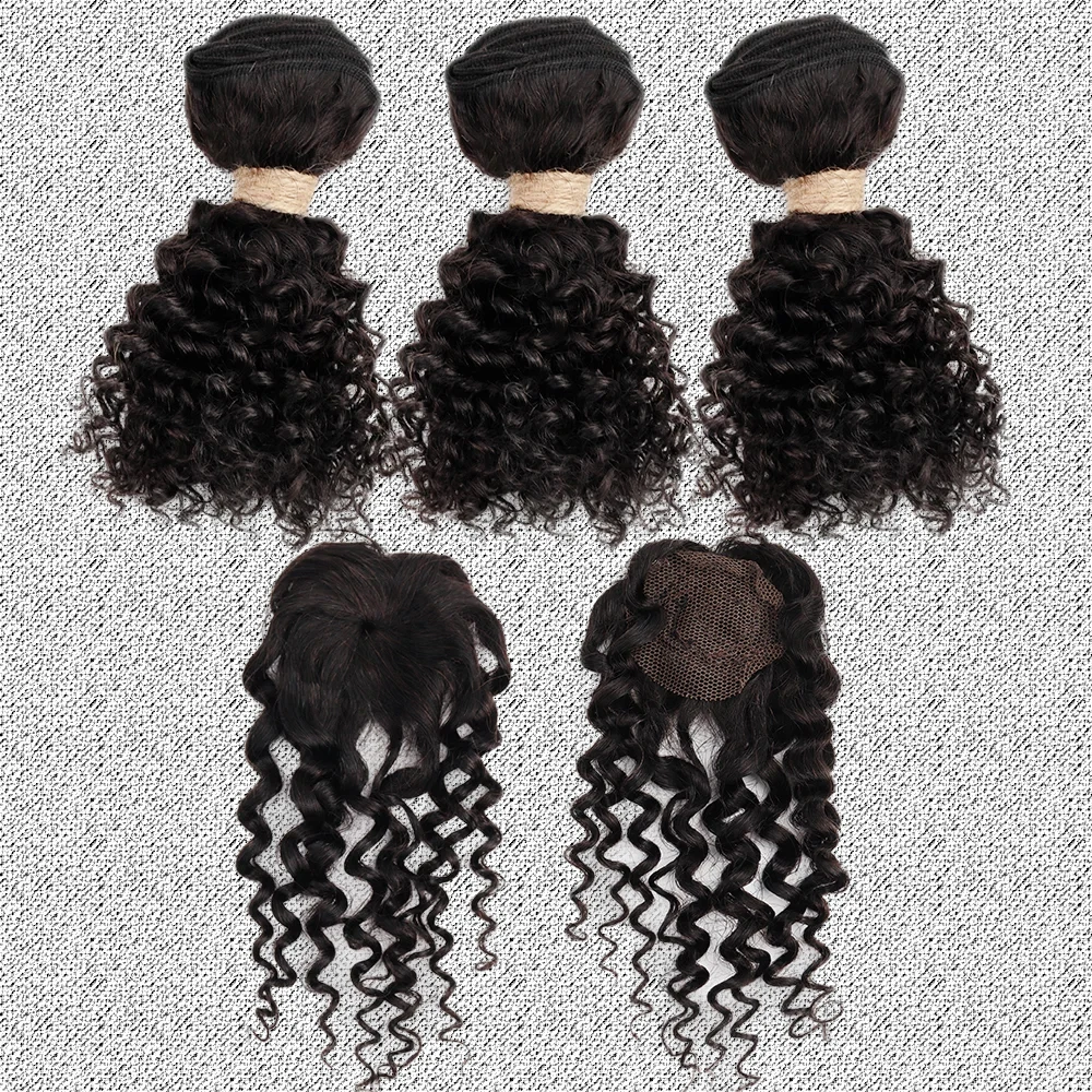 Rambut Keriting Kinky Bundel Rambut Asli Brasil Tanpa Proses Kimia Dengan Closure Warna Alami Ekstensi Rambut Manusia
