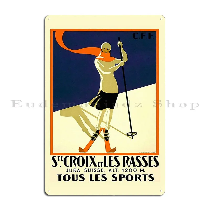 Vintage French Swiss Ski Sport Poster Ski Switzerland Metal Sign Plaques Designs Bar Cave Club Bar Plaques Tin Sign Poster