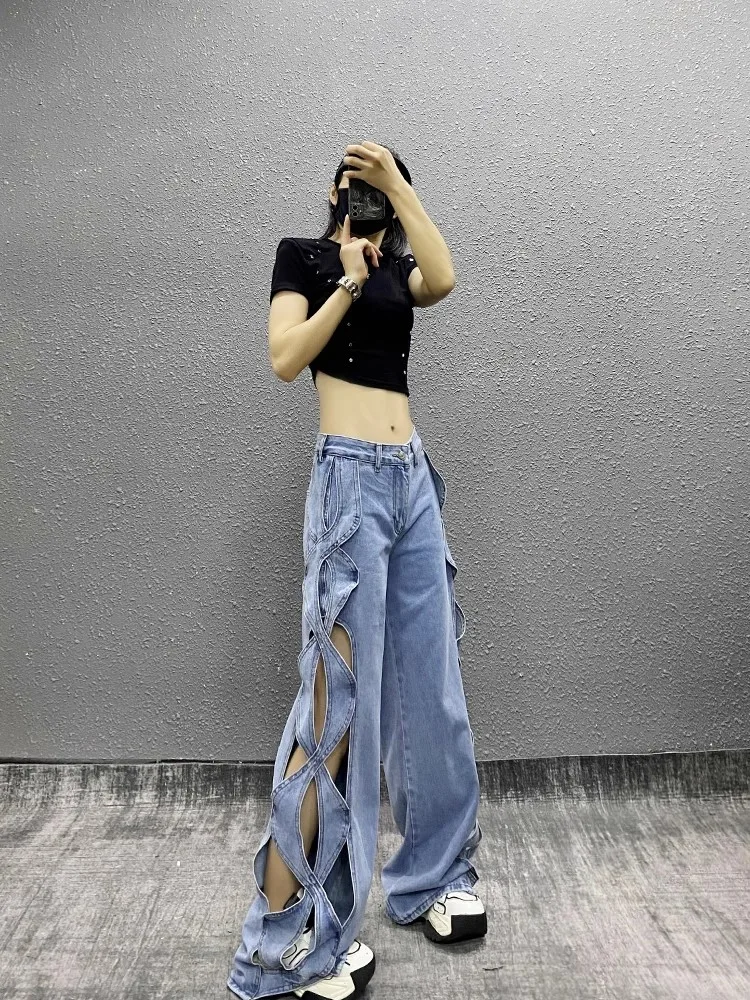Lalies Denim Pants Fashion Streetwear Y2k Hollow Out Jeans Women High Waist Wide Leg Blue Denim Trousers Elegant Party Jean2025