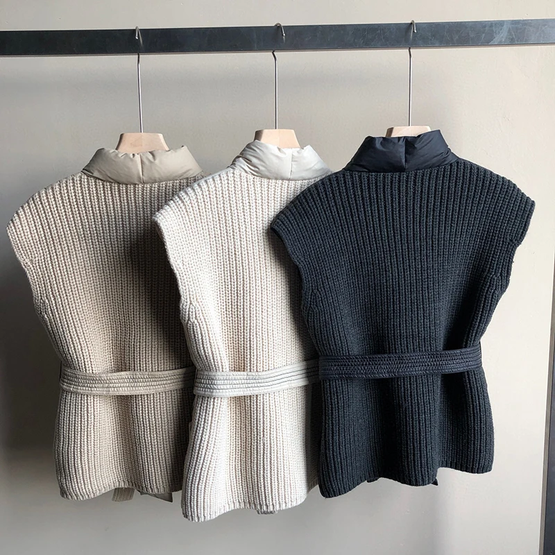 Autumn Winter Knitted Splicing Down Vest Women White Duck Down V Neck Sleeveless Vest Female Warm Lace Up Quilted Waistcoat Coat