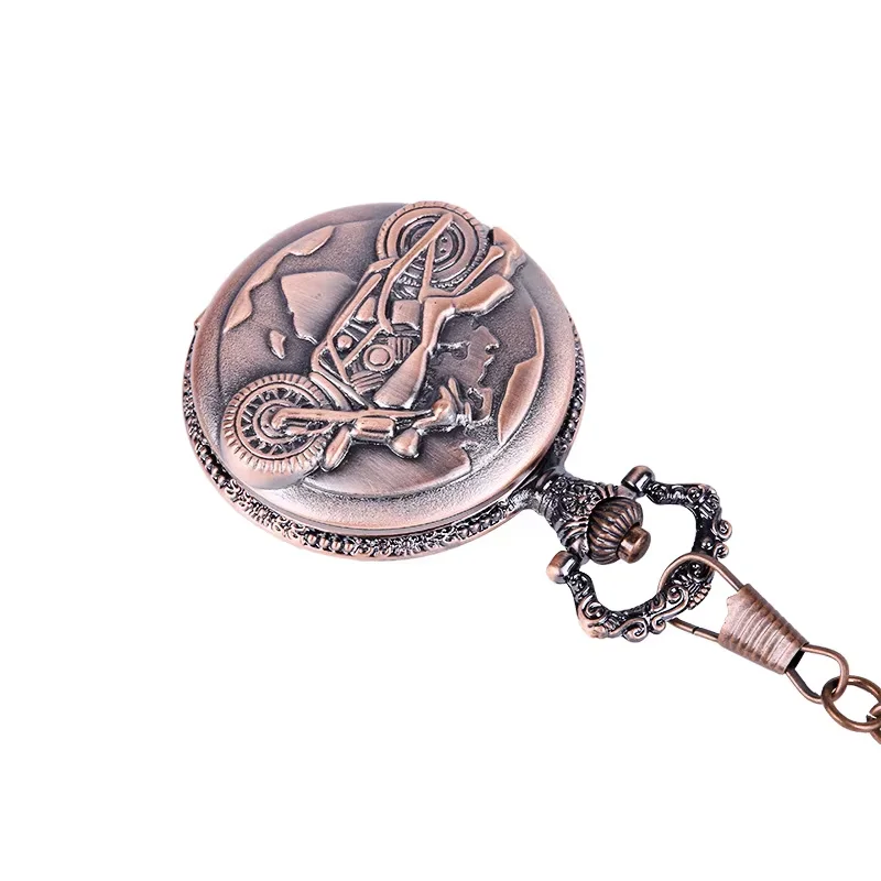 

0 Trendy cool brick red motorcycle embossed retro classic quartz pocket watch with necklace