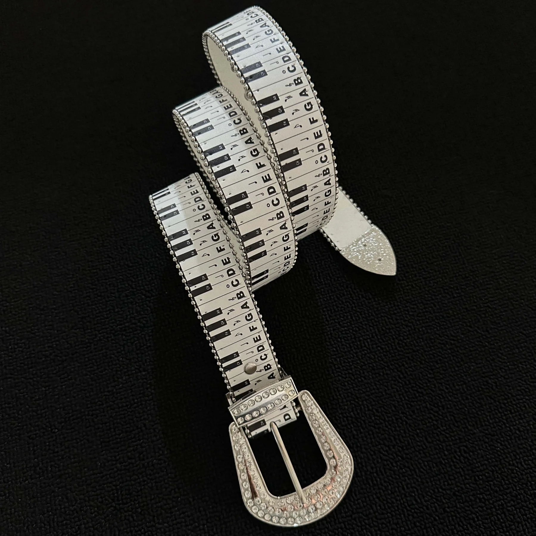 Women's Piano Key Note Print Rhinestone Belt Y2K Sparkly Punk Harajuku PU Leather Waistband Adjustable Studded Belt for Jeans