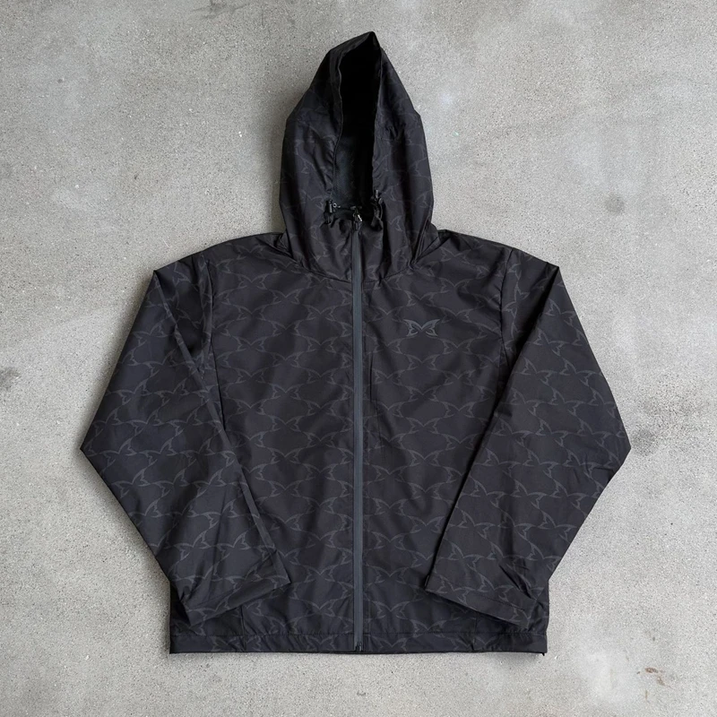 Schwarze Kapuzenjacke mit Schmetterlingsdruck, durchgehender Reißverschluss, Windbreaker für Herren, übergroßer Outdoor-Windbreaker, Streetwear, lässige Oberbekleidung mit Reißverschluss. – Detail 2