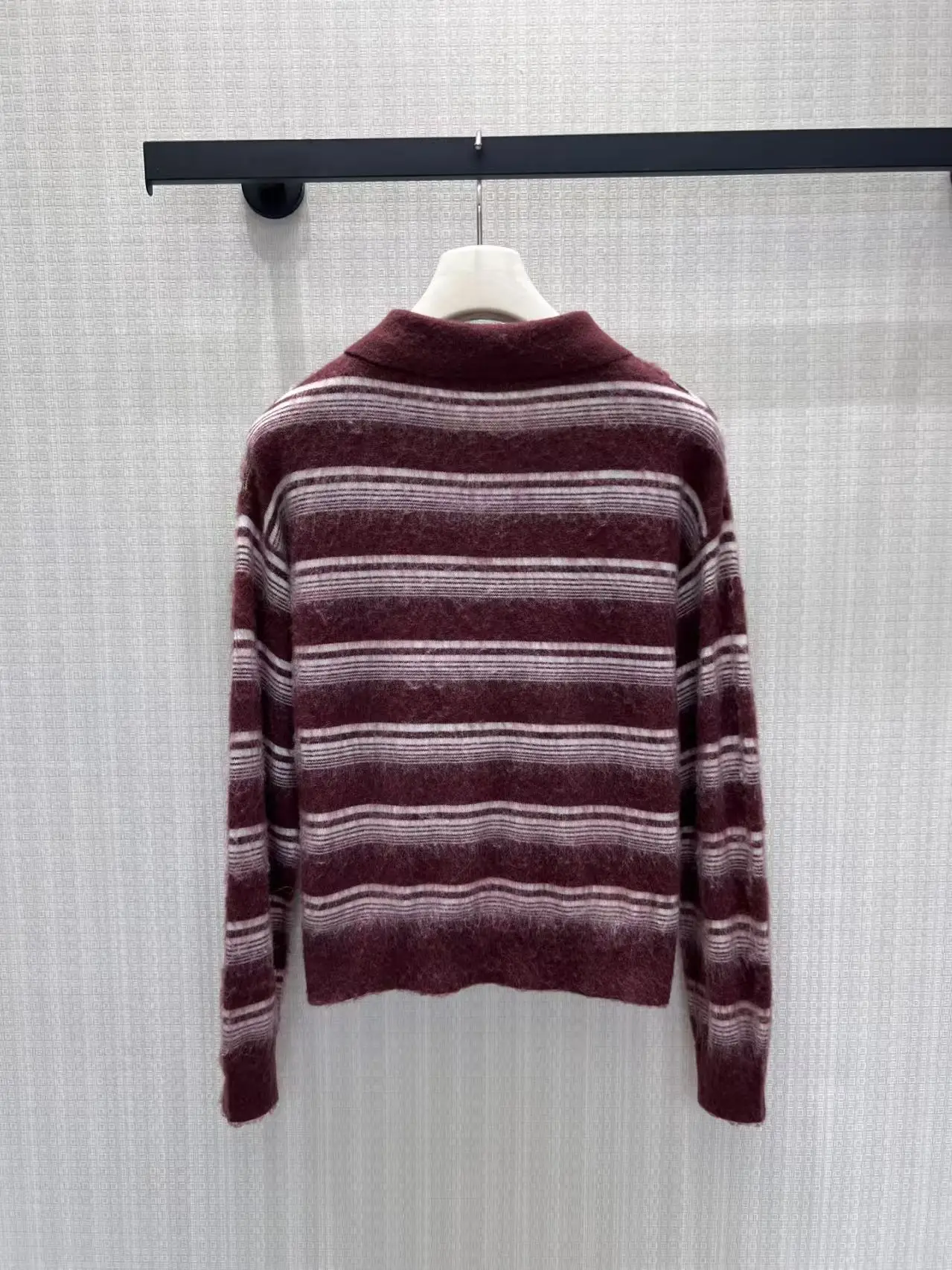 New French Elegant Retro Wine Red Striped Sweater Polo Collar Half Open Button Short Wool Knitted Top for Women