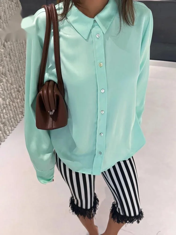 Lapel Long SLeeves Satin Basics Shirts Women  Single Breasted Shell Button Autumn Loose Office Lady Casual Blouse