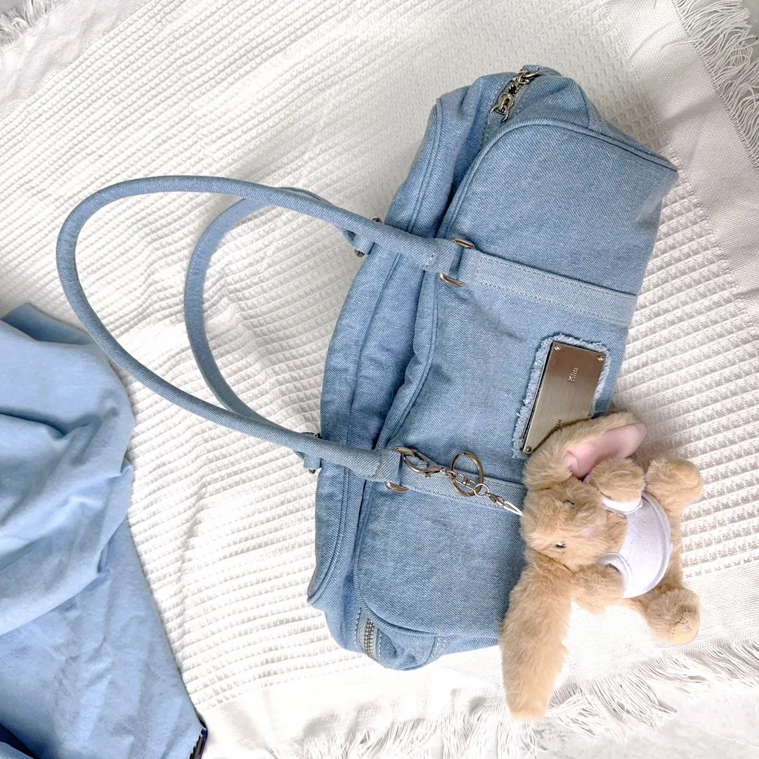 FIRMRANCH Korean Trend Metal Brand Summer Fresh Baby Blue Washed Denim Craft Large Horizontal Tote Female Shoulder Underarm Bag