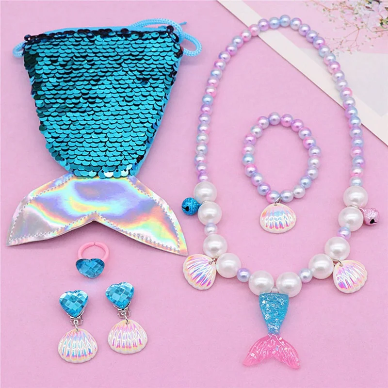 1set Kids Girls Child Pearl Acrylic Shell Shape Mermaid Necklace Bracelet Ring Ear Studs Clips Jewelry Set with Shoulder Bag