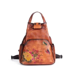 Women's Genuine Leather Backpack 2024 New Retro Embossed Backpack Female Large Capacity Chinese Style Leather Bag Ladies