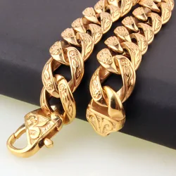 New Fashion Mens Bangle 15mm Solid Gold color Stainless Steel Cast Flower Cuban Link Chain Bracelet 9