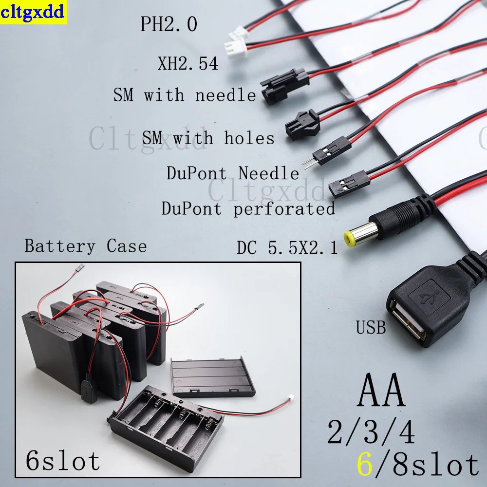

Cltgxdd 1piece 6-slot AA battery holder with cassette and lead switch PH2.0 XH2.54 SM DuPont DC USB lead 2 3 4 6 8 slots