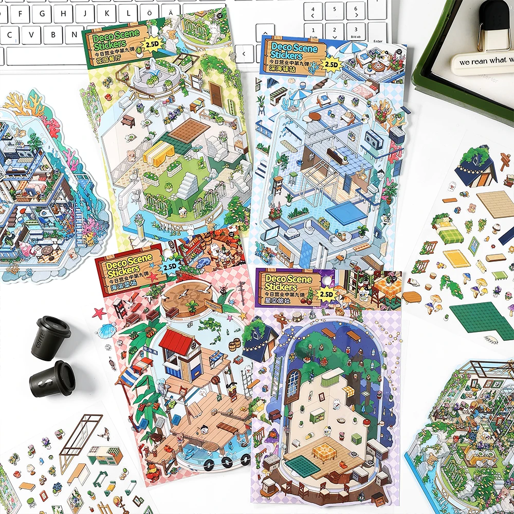 3 Blatt/Beutel Sticker Pack Kawaii Open Today PET 2.5D Landschaft Aufkleber für Scrapbook Journal Planer DIY Briefpapier Dekoration